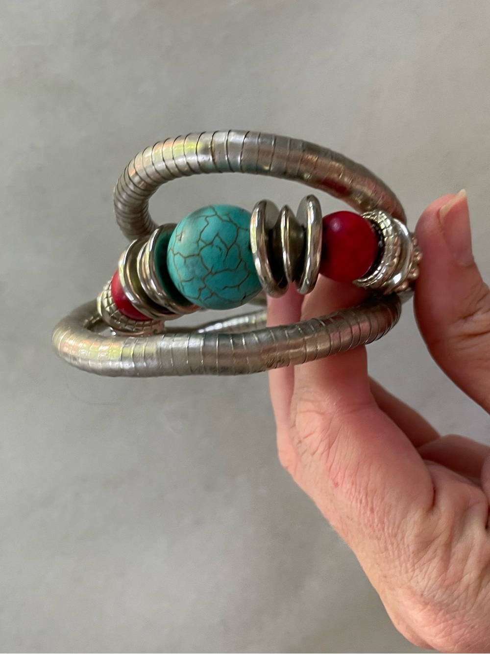 Silver Coil Bracelet with Turquoise and Red Beads